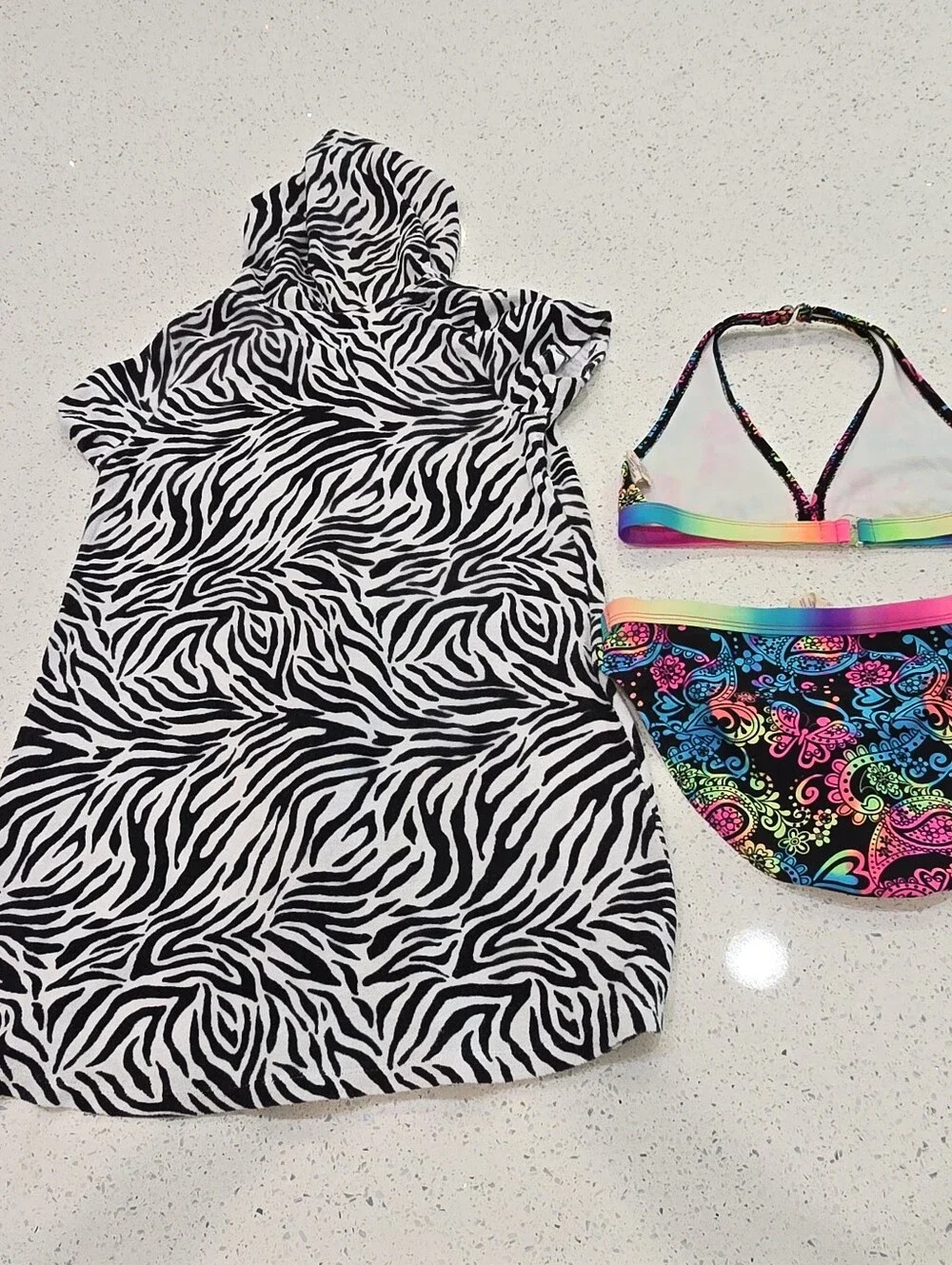 3 Piece OP Girls Swimsuit Multicolor Floral & Zebra Cover-up size Large (10-12)